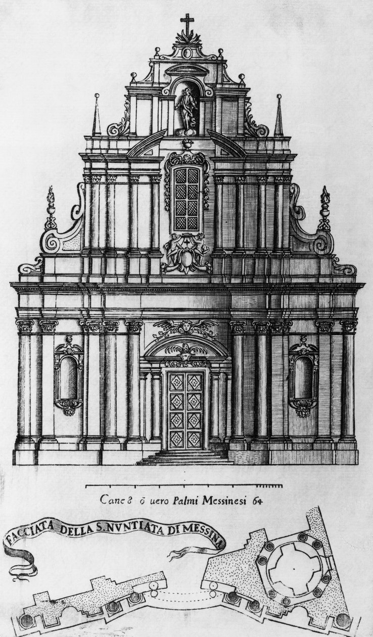 Fasáda a uspořádání kostela Zvěstování Panny Marie v Messině, rytina Guarino Guarini (1624-1683), Itálie od Guarino Guarini