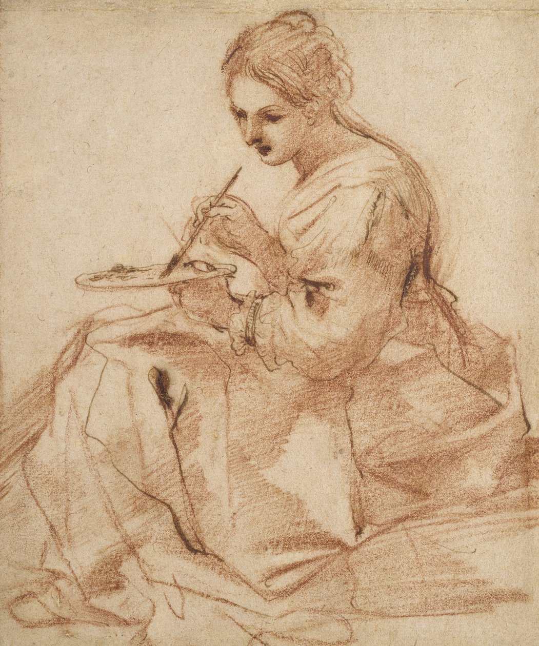 A Woman Painting (alegorie malby), kolem roku 1618 (červená křída nahmataná perem a hnědým inkoustem na špinavě bílém papíře) od Giovanni Francesco Barbieri