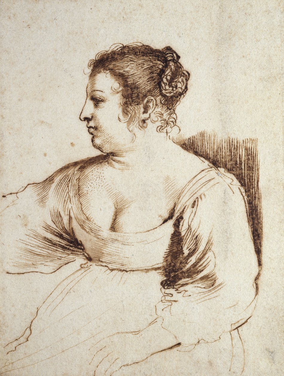Sedící žena, 1640 - 1649 (pero a hnědý inkoust s hnědým praním na bílém papíře) od Giovanni Francesco Barbieri