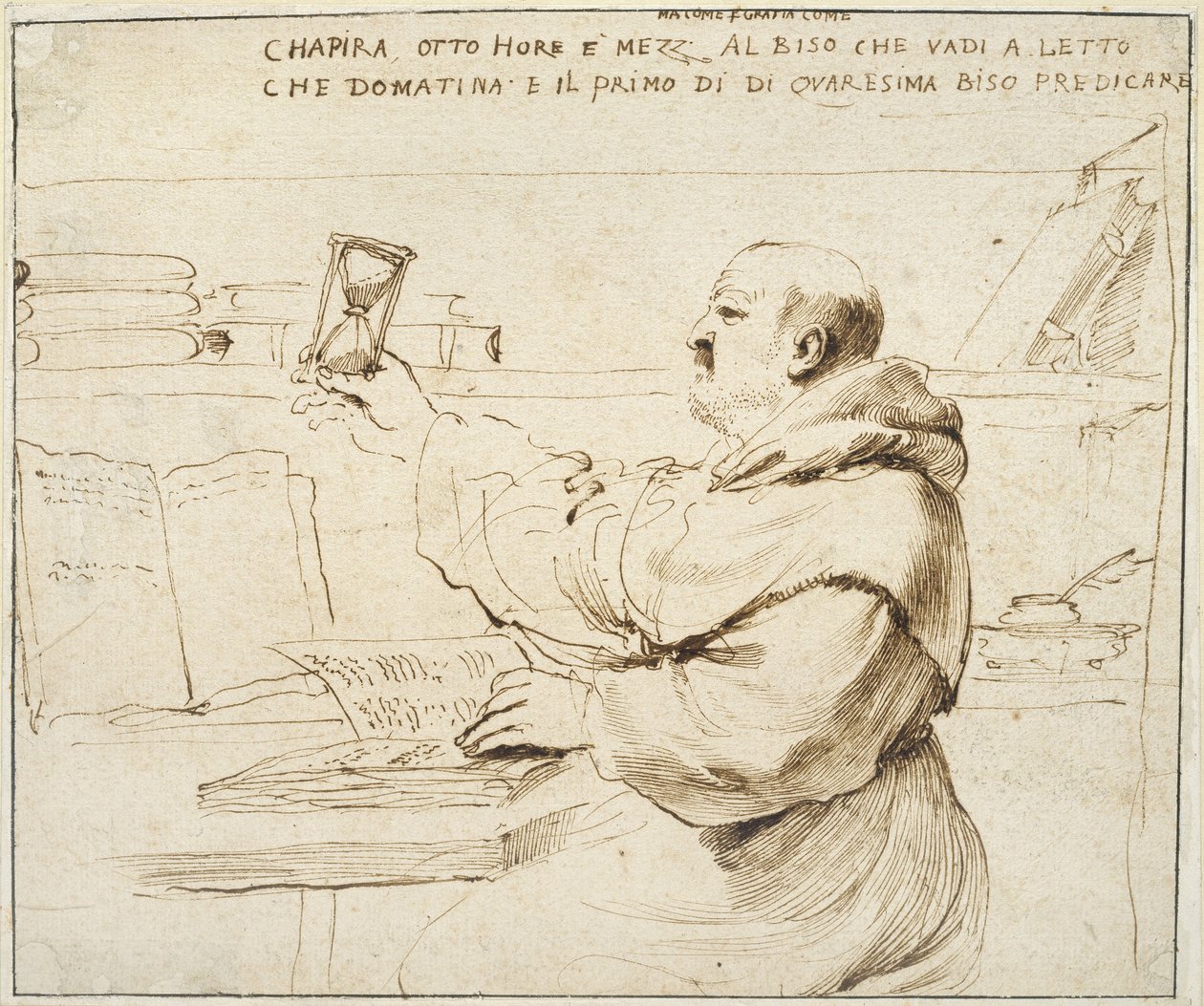 Karikatura Fra Bonaventura Bisi, 1655 - 1659 (pero a hnědý inkoust na špinavě bílém papíře) od Giovanni Francesco Barbieri