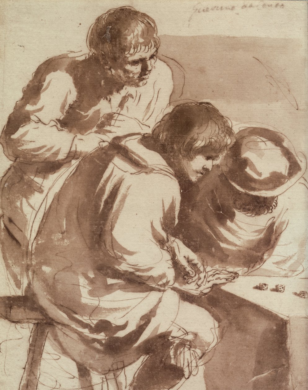Hráči kostek (pero a inkoust a mytí na papíře) od Giovanni Francesco Barbieri