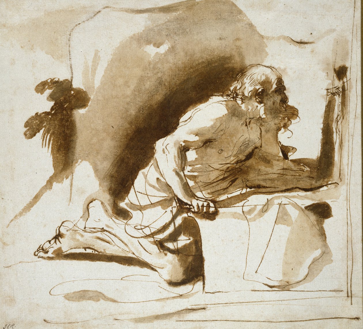 Svatý Jeroným, asi 1622 - 1624 (pero a hnědý inkoust s hnědým lakem na bílém papíře) od Giovanni Francesco Barbieri