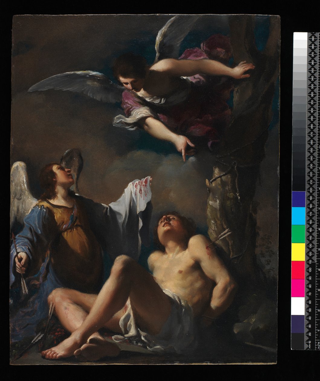 Sv. Šebestián za pomoci dvou andělů, 1617 (olej na mědi) od Giovanni Francesco Barbieri
