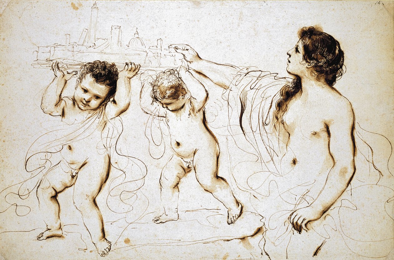 Znak města Bologna, 1625 - 1629 (pero a hnědý inkoust s hnědým lavírováním na bílém papíře) od Giovanni Francesco Barbieri