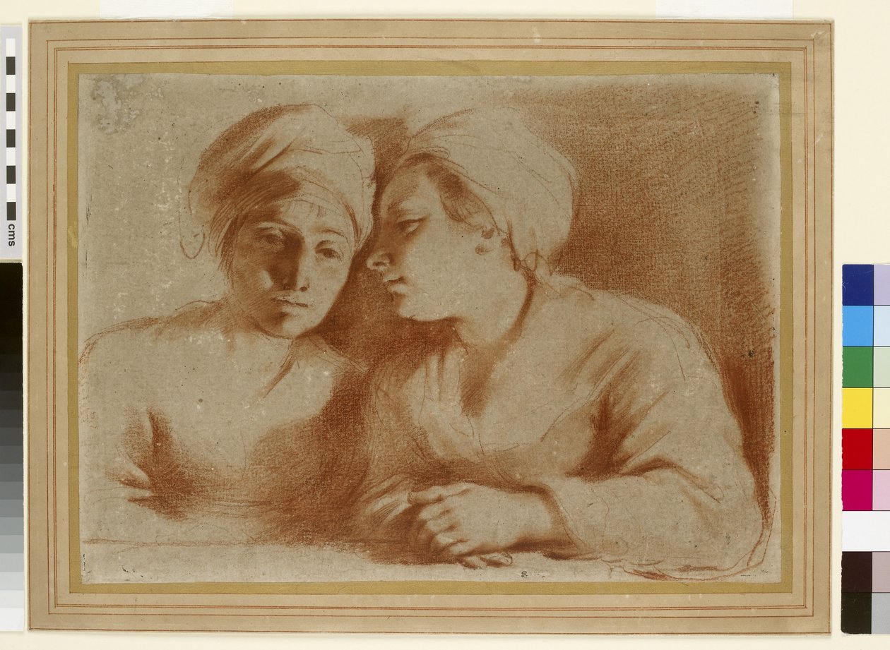 Dvě ženy v rozhovoru, 17. století (červená křída na papíře) od Giovanni Francesco Barbieri