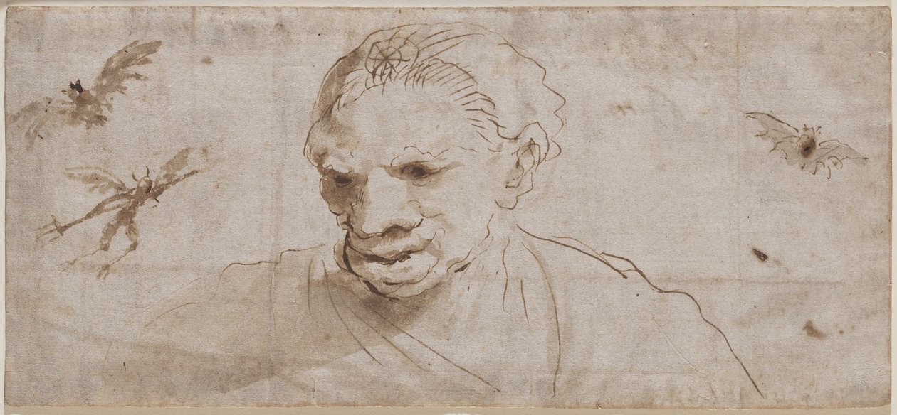 Čarodějnice, dva netopýři a démon v letu, počátek 17. století (pero a hnědý inkoust s hnědým praním na položeném papíře) od Giovanni Francesco Barbieri