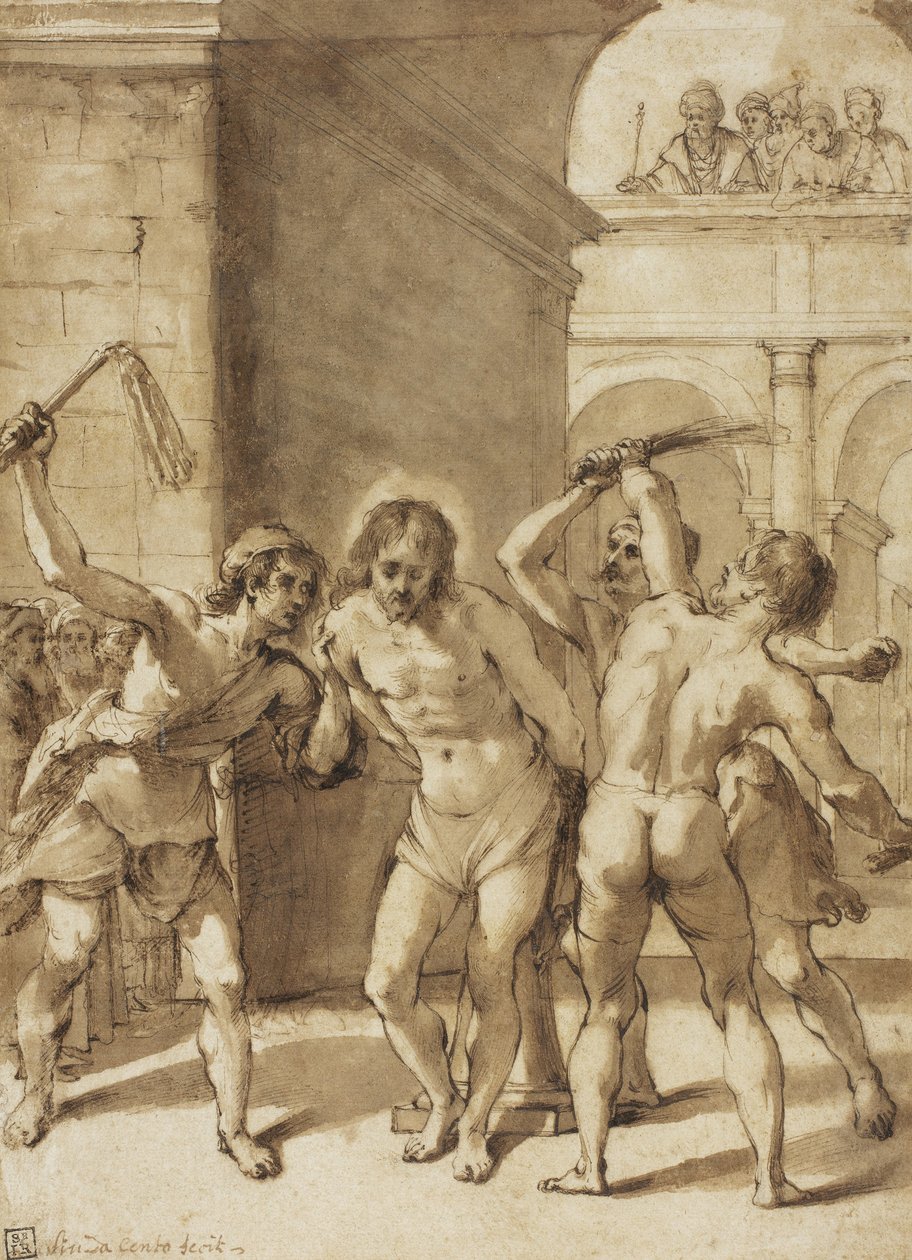Bičování Krista (pero a hnědá tuš, štětec a hnědá lazura a stopy grafitu, na krémovém papíře, položeno na krémový papír) od Guercino (1591-1666) (school of)