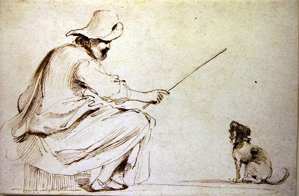 Sedící muž cvičící psa (pero, hnědý inkoust a mytí na papíře) od Guercino