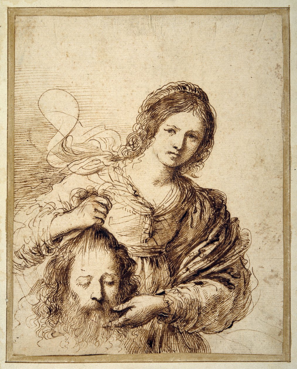 Judith s hlavou Holoferna (pero a hnědý inkoust na krémovém papíře) od Guercino (1591 1666)