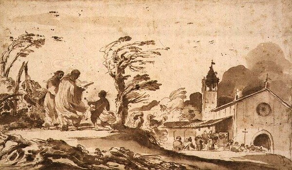 PD.1-1987 Krajina s pohřebním průvodem (tuš a wash) od Guercino