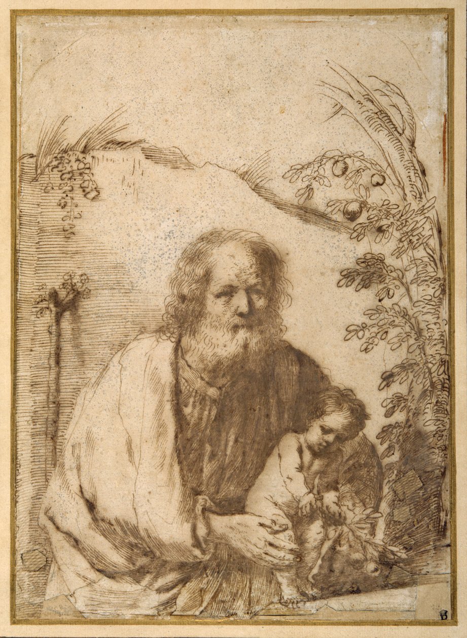 Svatý Josef a Jezulátko svírající větvičku jabloně (pero a inkoust na papíře) od Guercino