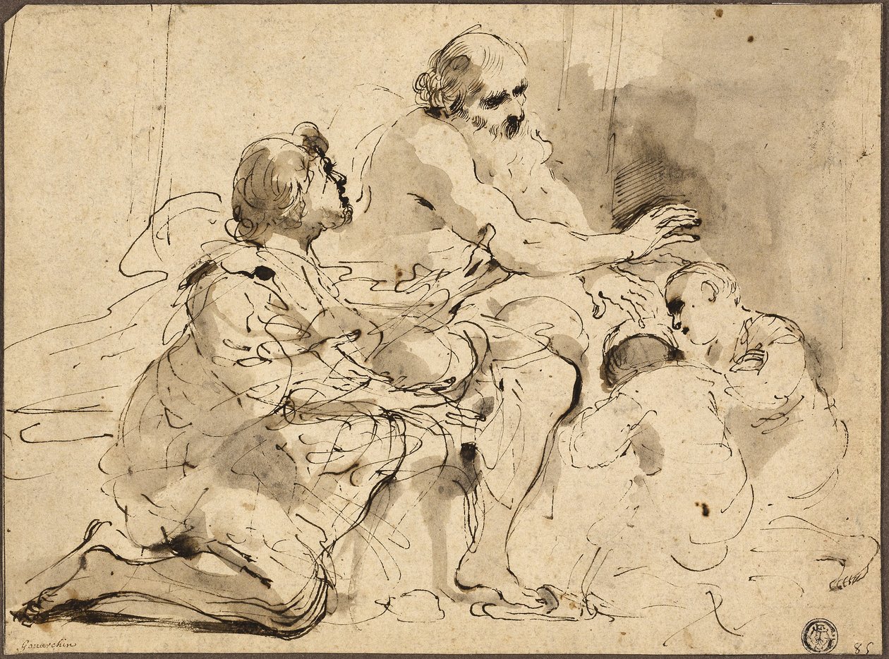 Studie Jákob žehná synům Josefovým, asi 1620 (pero a hnědá tuš se štětcem, šedým a hnědým lakem) od Guercino (1591 1666)