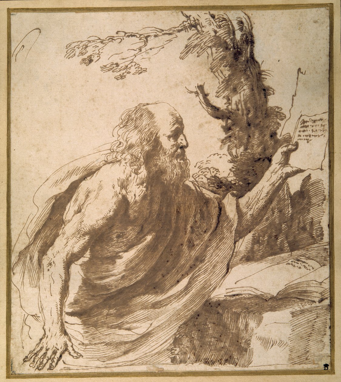 Svatý čtení v poušti (pero a inkoust na papíře) od Guercino