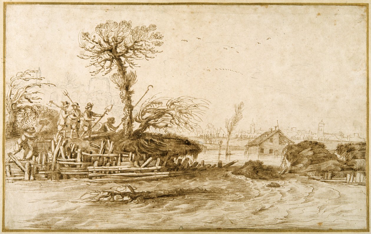 Řeka v záplavě a rolníci se sekerami a dalšími nástroji (pero a inkoust přes křídu na papíře) od Guercino