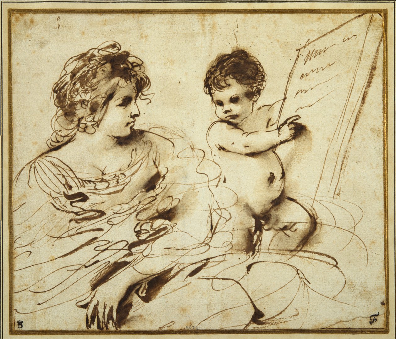 Sedící Sibyla doprovázená puttem držící velkou tabletu s nápisem (pero a hnědý inkoust s mytím na papíře) od Guercino