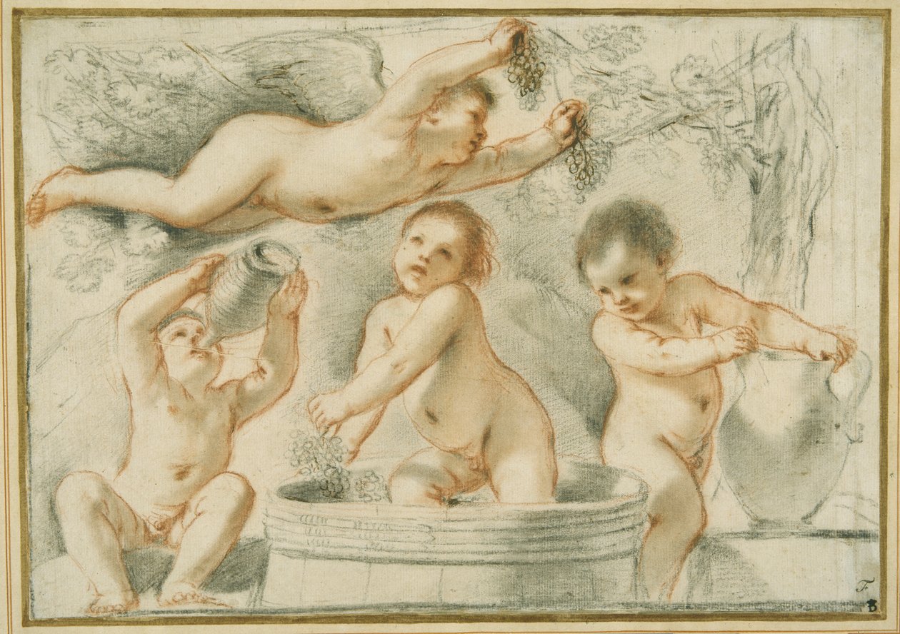 Alegorie výroby vína (červené a černé křídy s inkoustem na papíře) od Guercino
