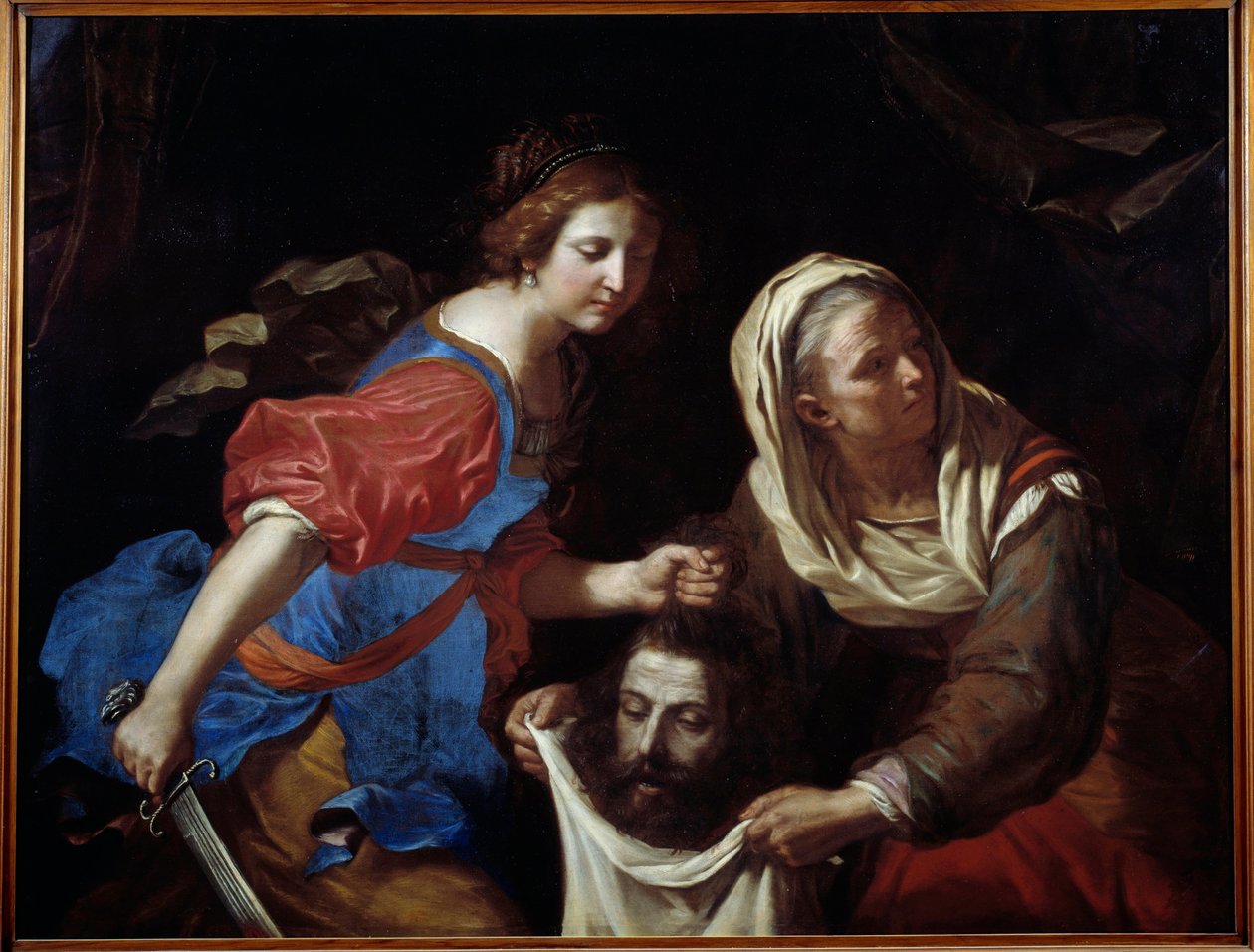 Hlava Judith a Holofernes. Jeho služebná Abra drží tašku, zatímco Judith pokládá hlavu muže. Obraz Giovanni Francesco Barbieri dit Guercino (Guerchin od Guercino