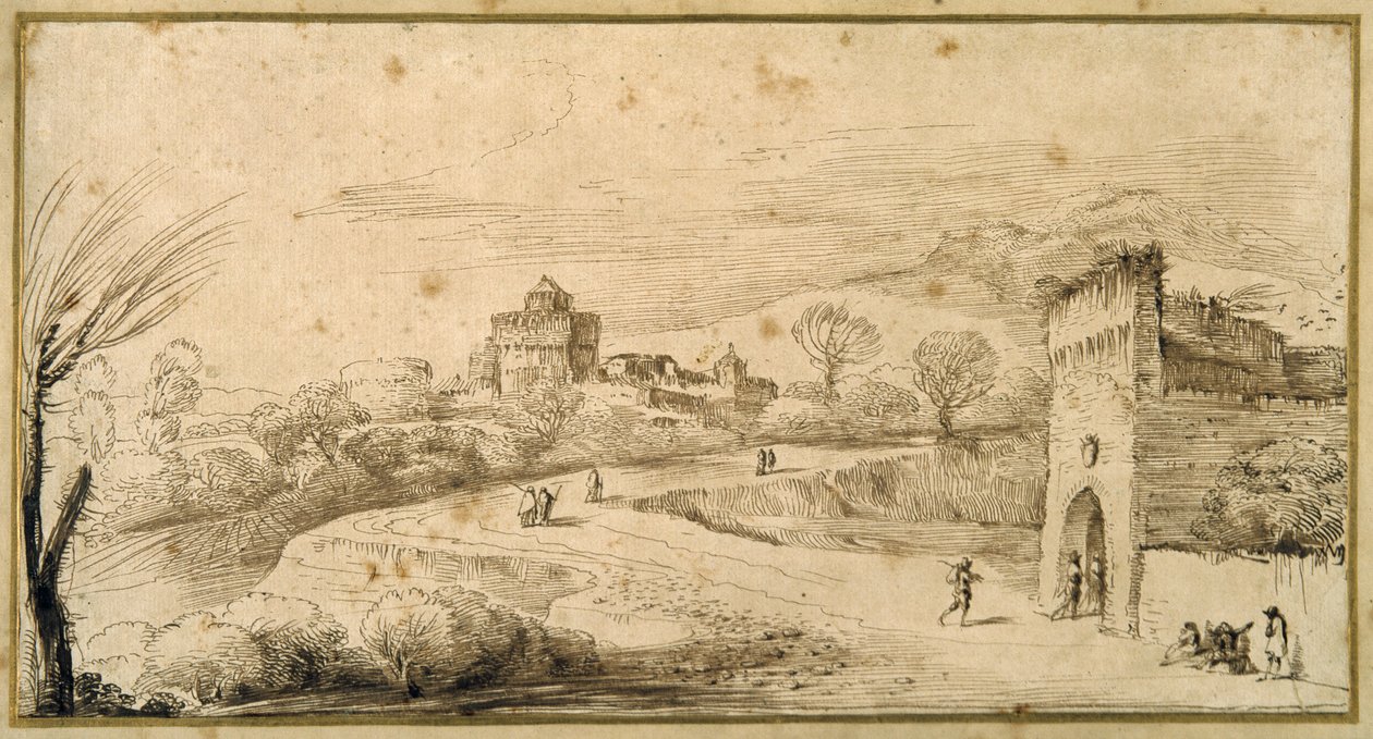 Krajina se cimbuřím a klikatou cestou (pero a inkoust na papíře) od Guercino