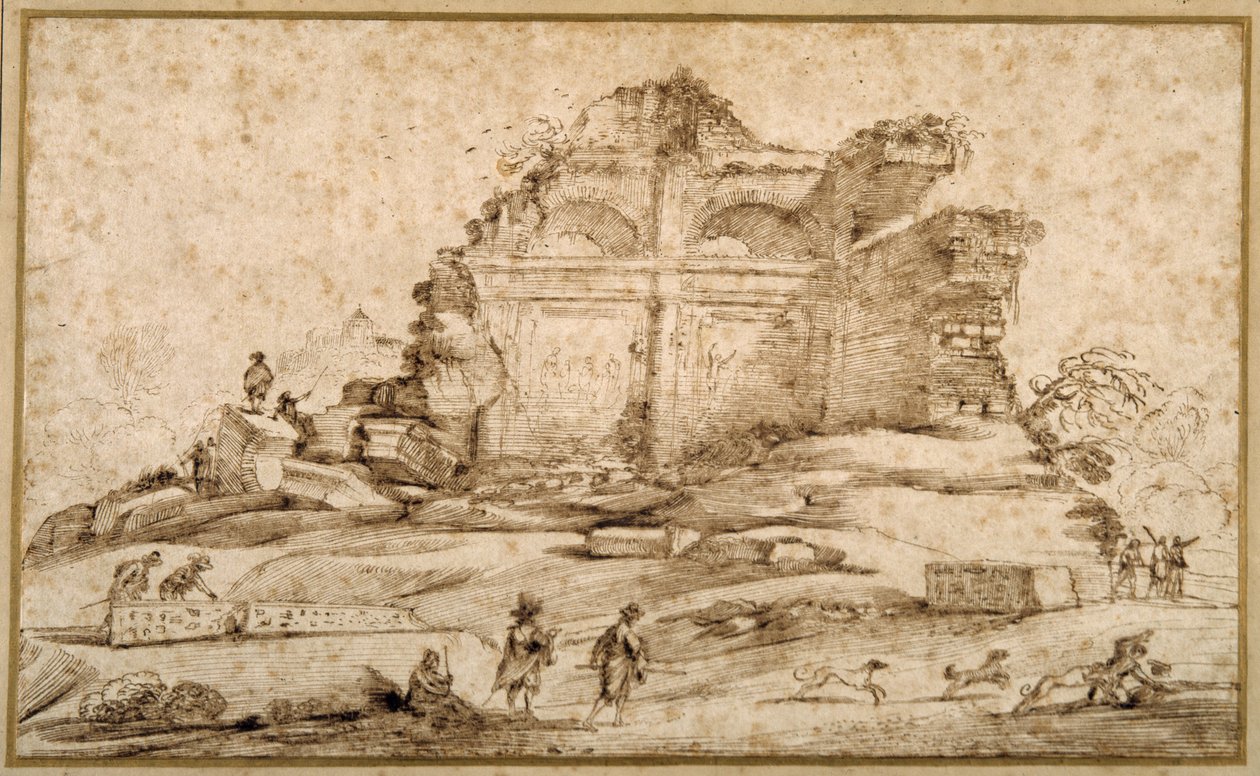 Krajina s klasickými ruinami a mladíkem napadeným psy (pero a inkoust na papíře) od Guercino