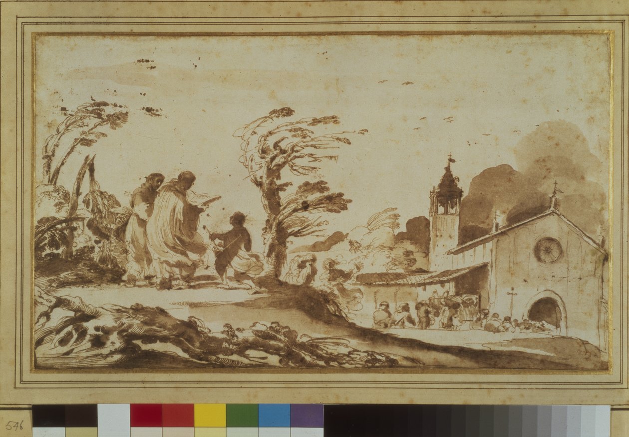 Krajina s postavami u kostela (pero a inkoust a mytí na papíře) od Guercino
