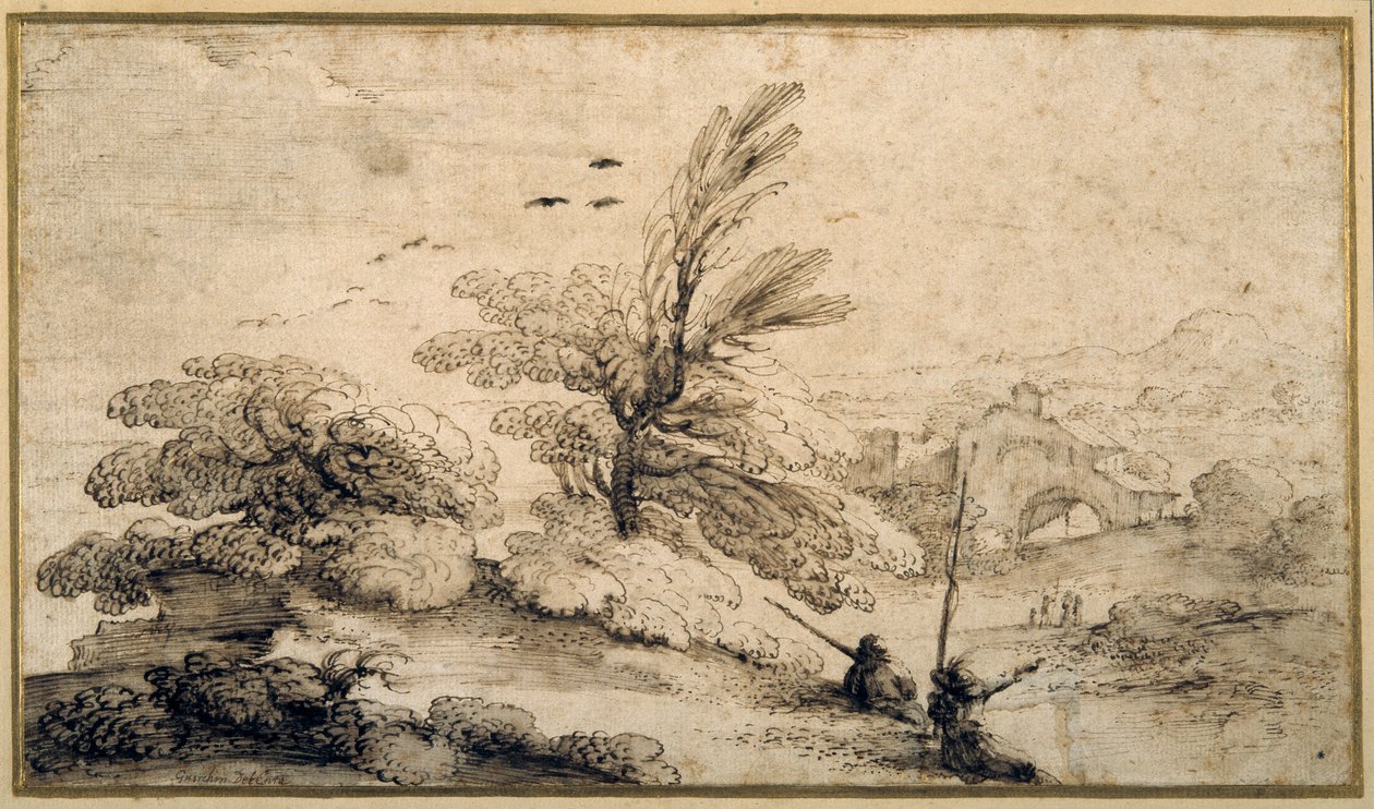 Krajina se dvěma odpočívajícími rybáři (pero a inkoust na papíře) od Guercino