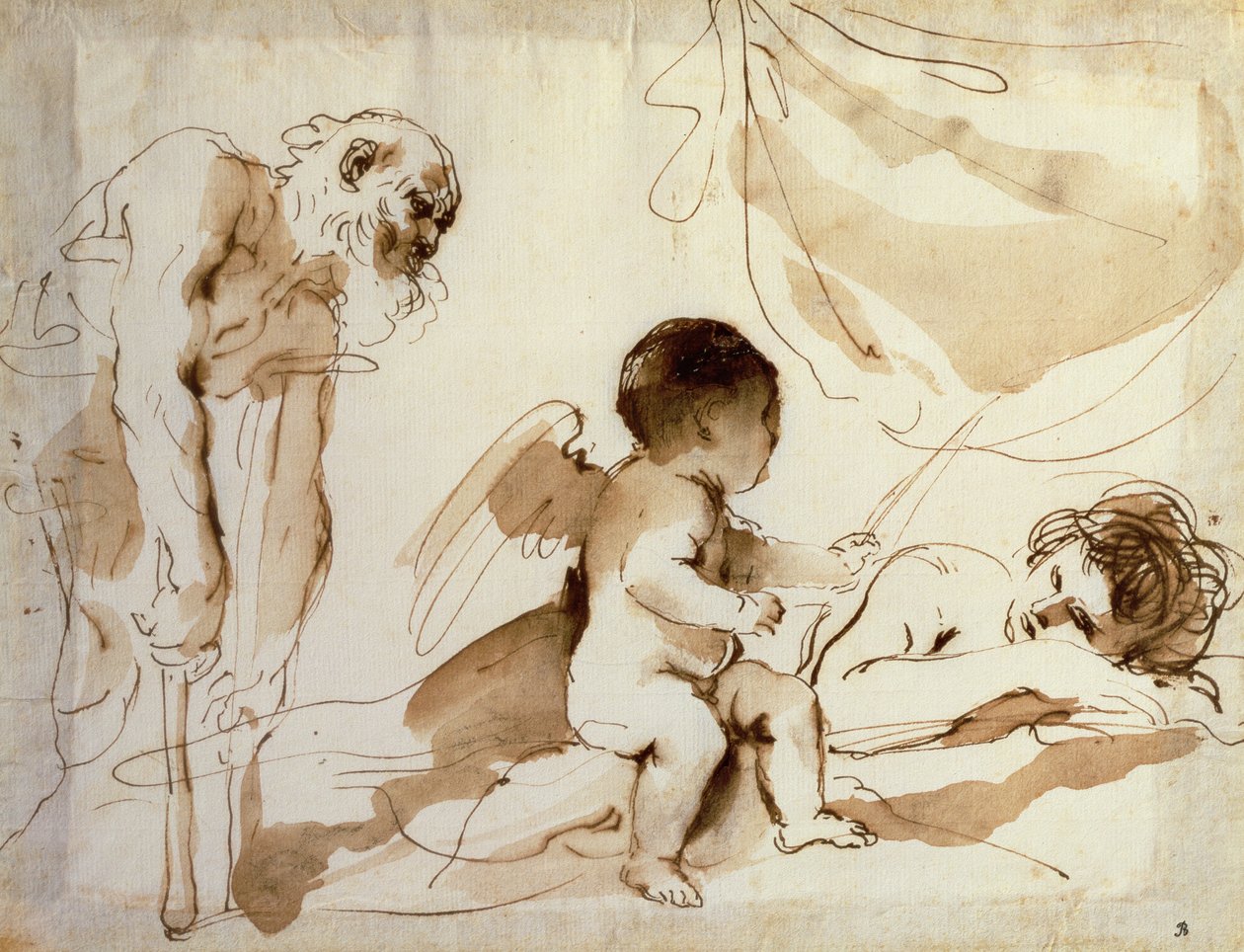Muž o berlích, Amor a Spící Venuše (pero, inkoust a mytí na papíře) od Guercino