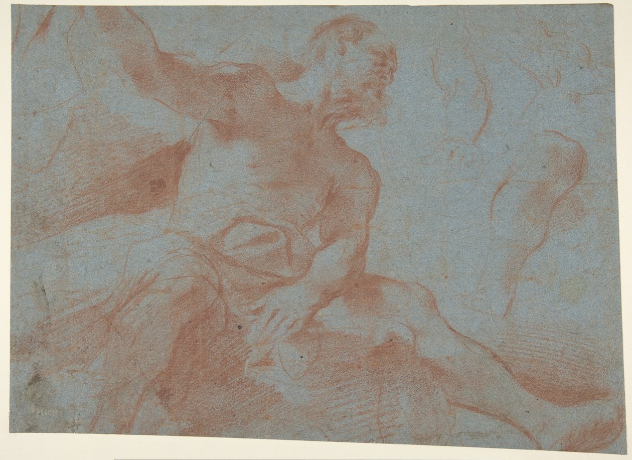 Sedící starý muž se zdviženou pravou paží (Tithonus) (recto) od Guercino