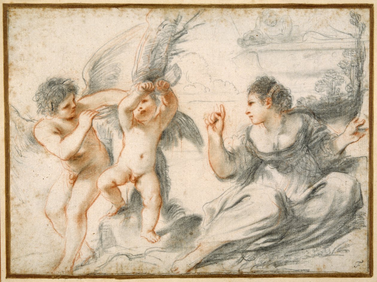 Venuše nadává Amorovi, zatímco ho starší Amor přiváže ke stromu (černé a červené křídy na papíře) od Guercino