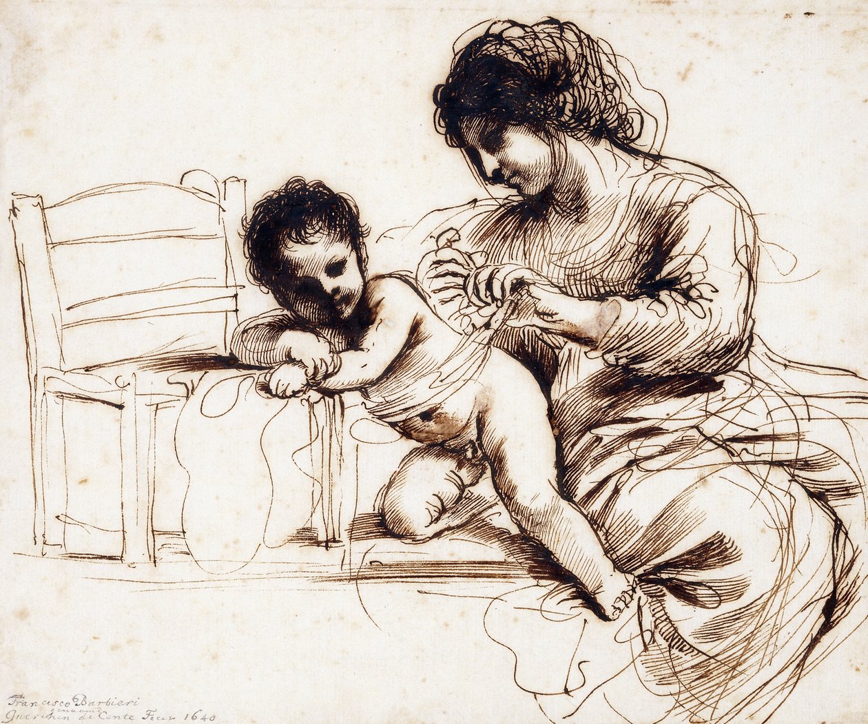 Matka s dítětem na židli, od Guercino