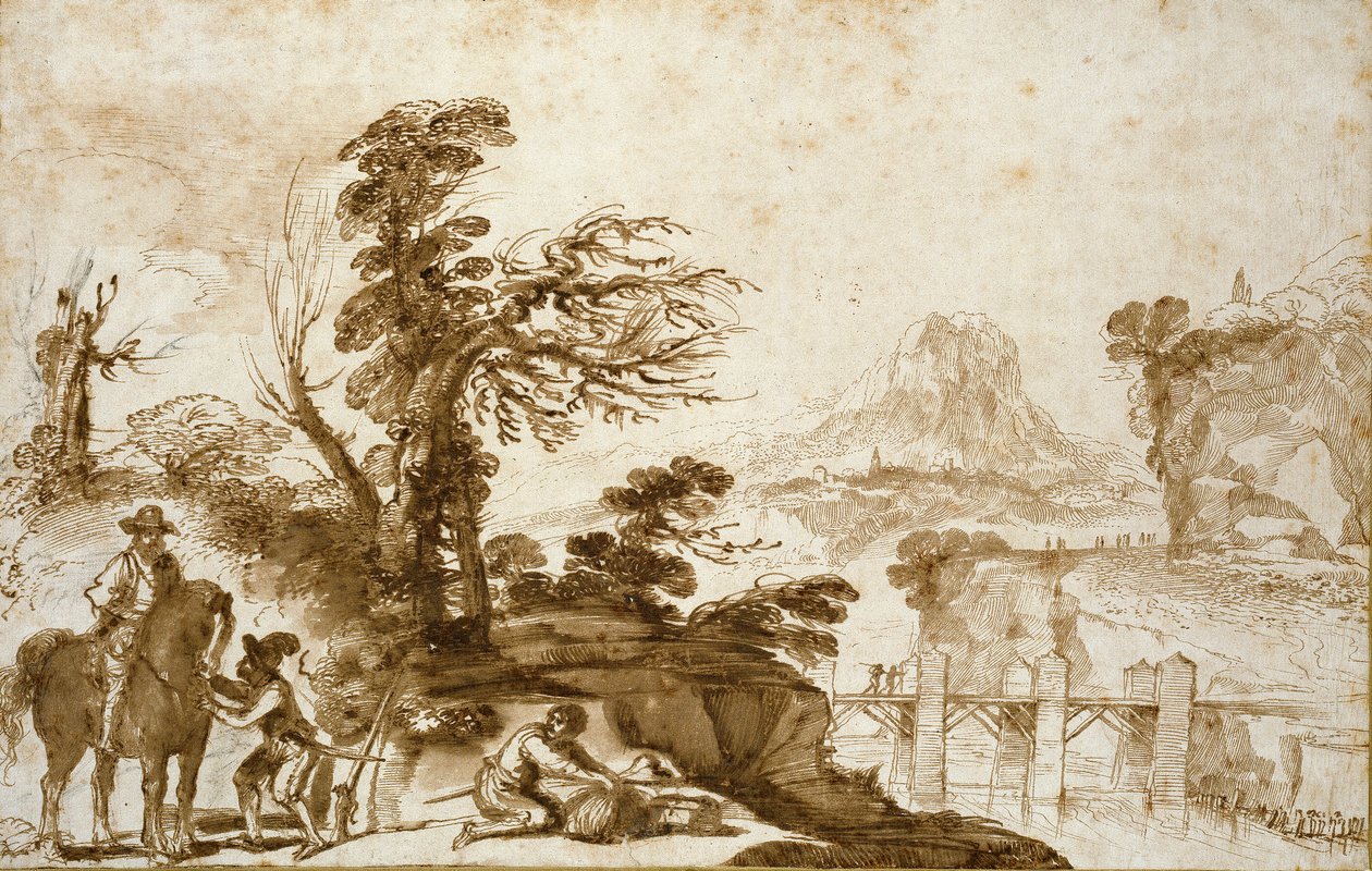 Krajina s jezdcem a mostem, počátek 17. století od Guercino