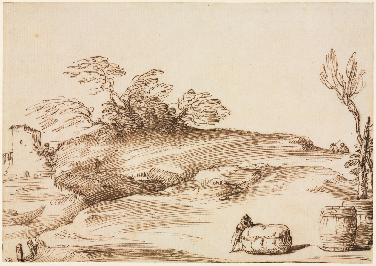 Krajina s mužem opřeným o balík od Guercino