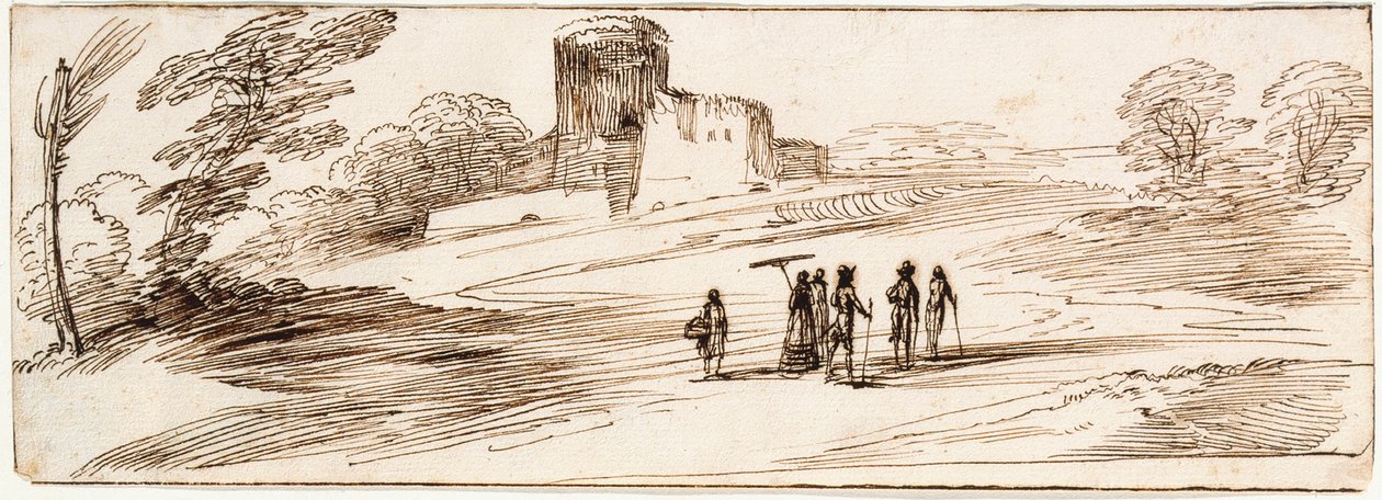 Krajina s hradem a postavami od Guercino