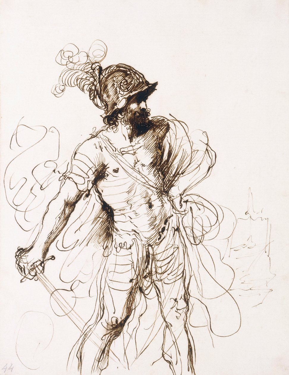 Mars, jeho meč vytažený, se otočil doprava, od Guercino
