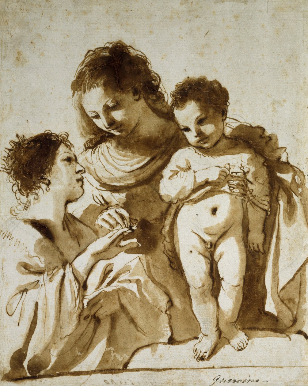 The Mystic Marriage of St Catherine, 1618-19 (pero a hnědý inkoust s hnědým přelivem na bílém papíře černou křídou) od Guercino