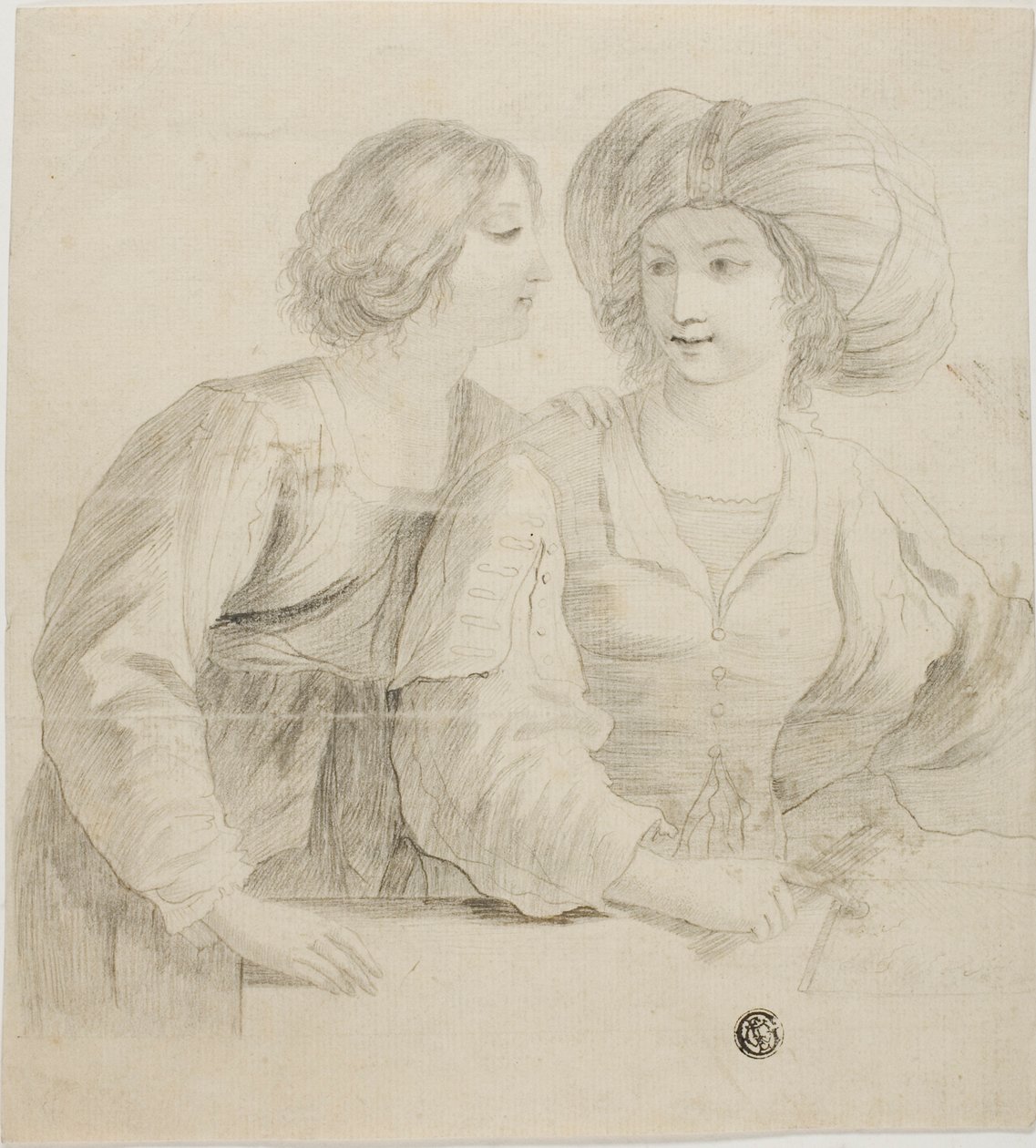 Dvě mladé ženy, jedna v turbanu, v rozhovoru od Guercino