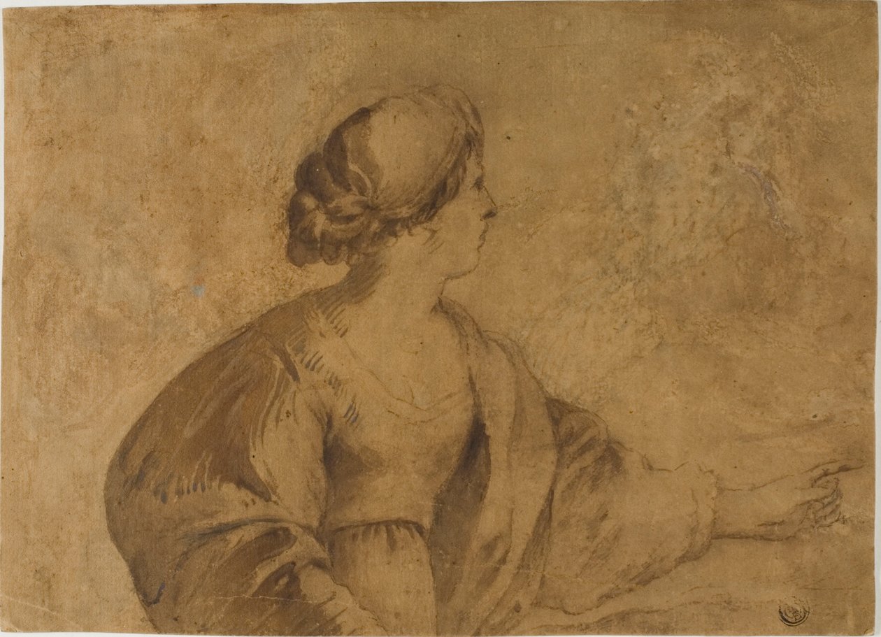 Žena v profilu, ukazující levou rukou od Guercino