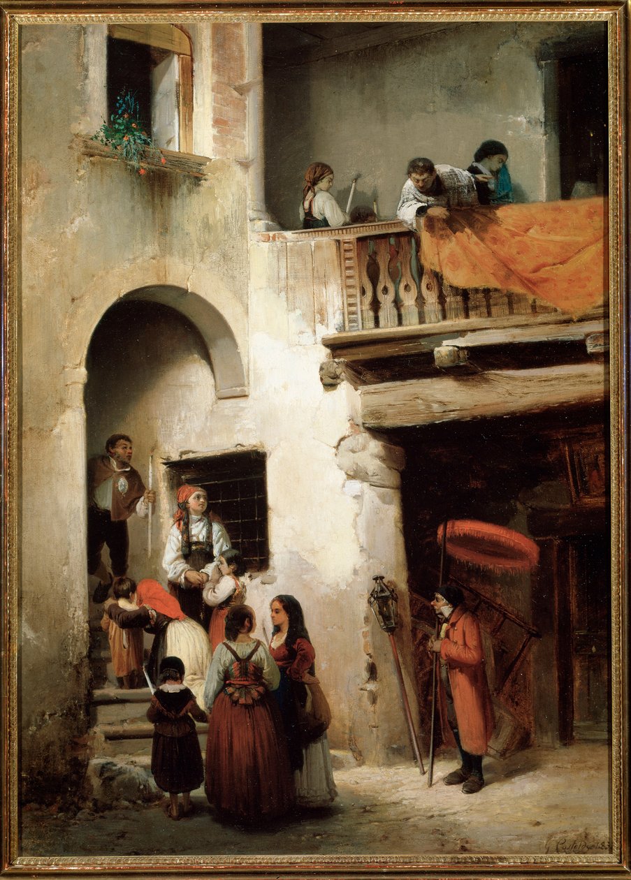 Extrémní pomazání, rodina čekající před domem umírajícího muže Malba Guglielma Castoldiho (1823-1882) 1858 Rozměr 89x64 cm Genes, Galleria d