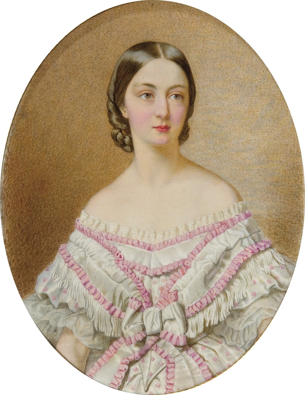 Portrét Françoise, vévodkyně ze Chartres (1844-1925) v bílých šatech a šátku s růžovými úly; od Guglielmo Faija