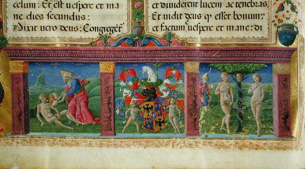 Stvoření a pokušení Adama a Evy s erbem rodu Este, z Bible des Chartreux od Guglielmo Giraldi