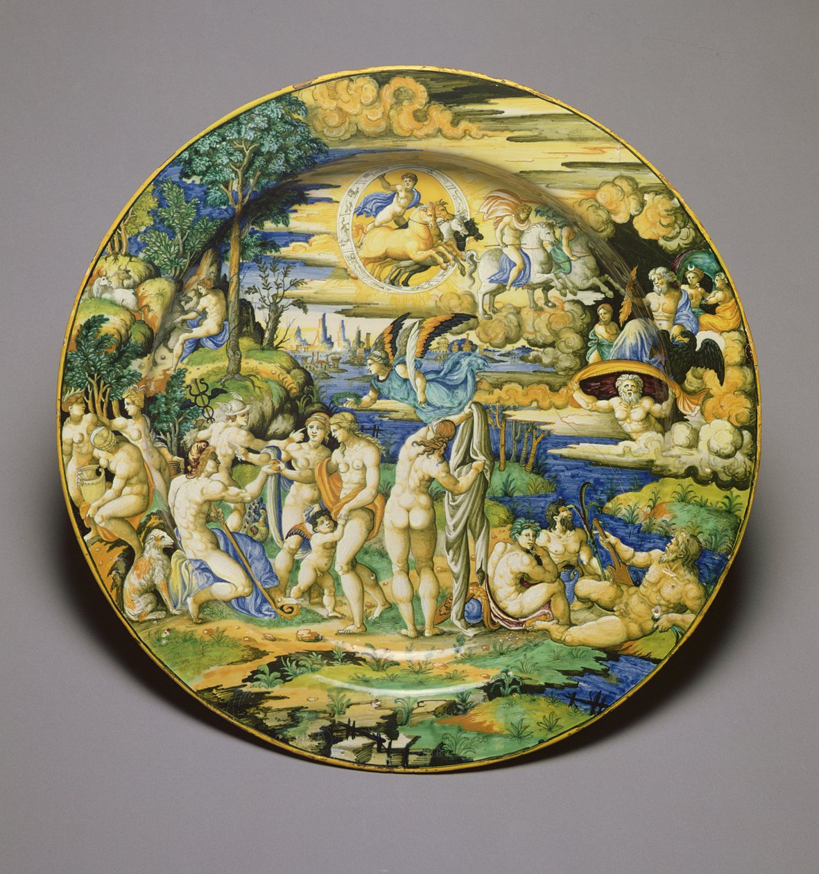 C.59-1927 Miska s vyobrazením Pařížského soudu, cca 1544-50 (cínová glazovaná keramika) od Guido Durantino