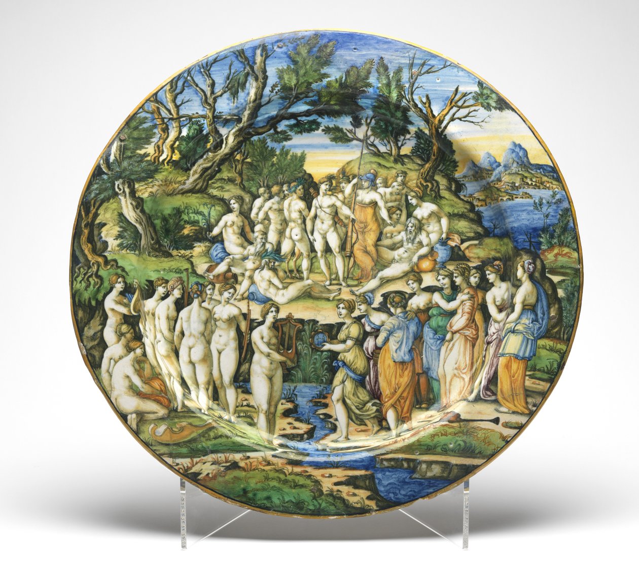 Soutěž mezi múzami a Pieridy, kolem 1545-50 (cínem glazovaná kamenina) od Guido Durantino