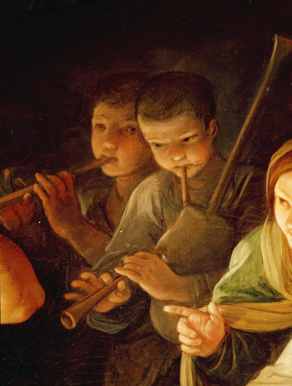 Klanění pastýřů detail mladých hudebníků v pozadí, 1642 olej na plátně od Guido Reni