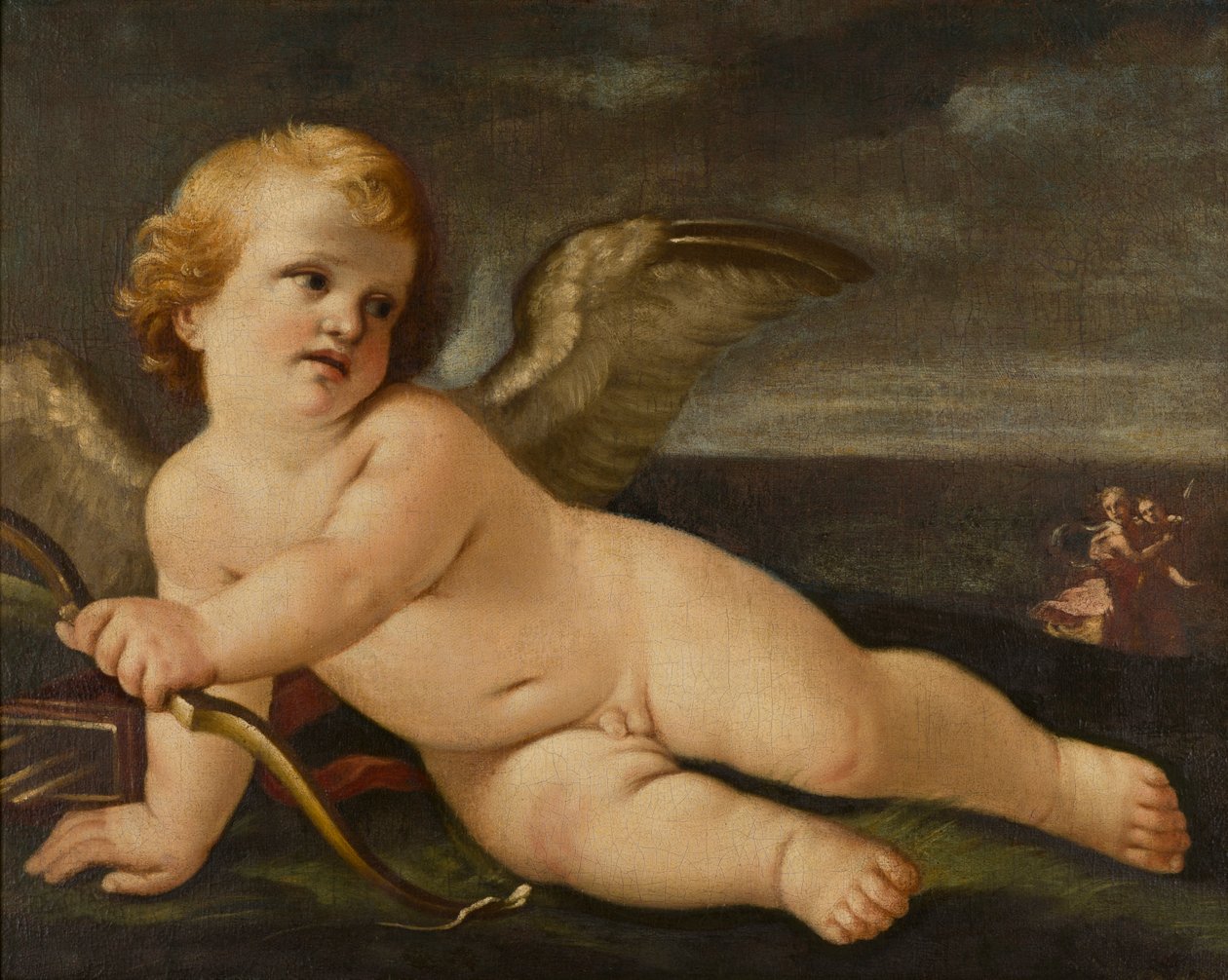 Amor s lukem, kolem 1595-1642 (olej na plátně) od Guido (follower of) Reni