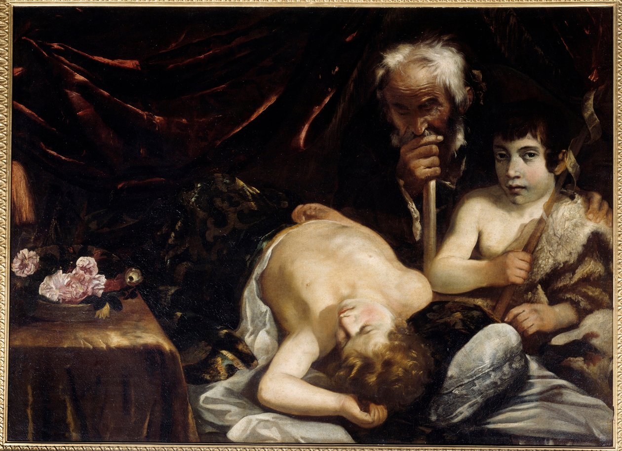 Spící dítě Ježíš s obrazem svatého Jana Křtitele a svatého Josefa od Guida Cagnacciho (1601-1681). 1630-1640. Rozměr 0,94x1,31 m Chantilly, Conde museum od Guido Cagnacci