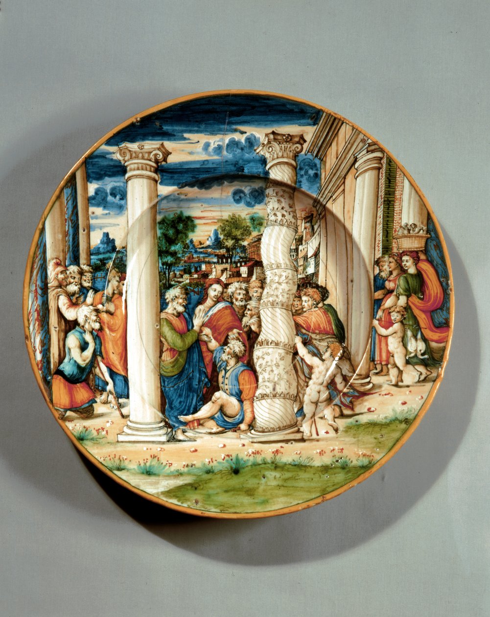 Miska s vyobrazením svatého Petra a svatého Jana, kteří uzdravují chromého v chrámu, asi 1540-50 (maiolika) od Guido Di (workshop of) Merlino