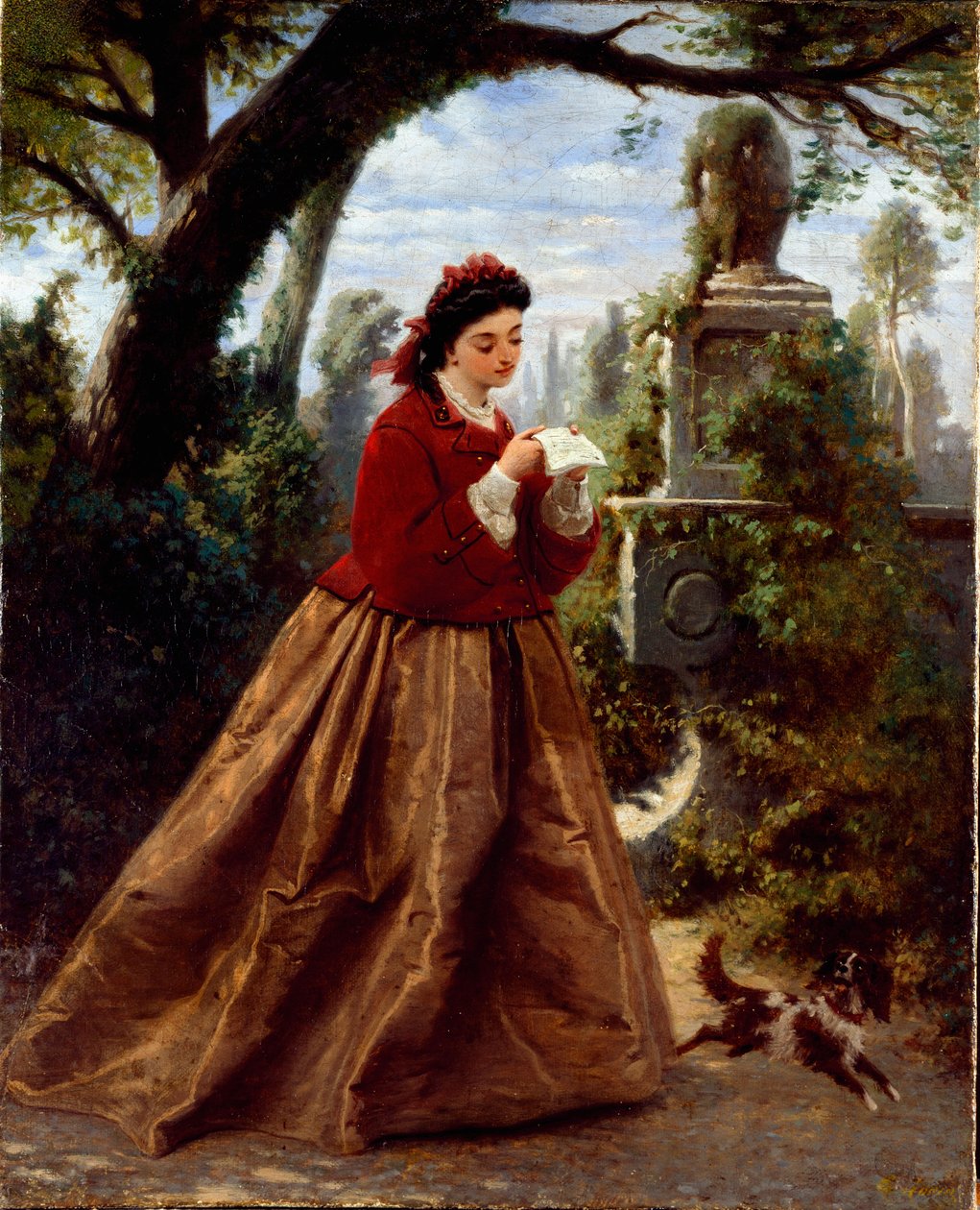 The letter Mladá žena čte dopis pravděpodobně z lásky, v romantické krajině. Obraz Guida Gonina (1833-1906) 1868 Genes, Galleria d