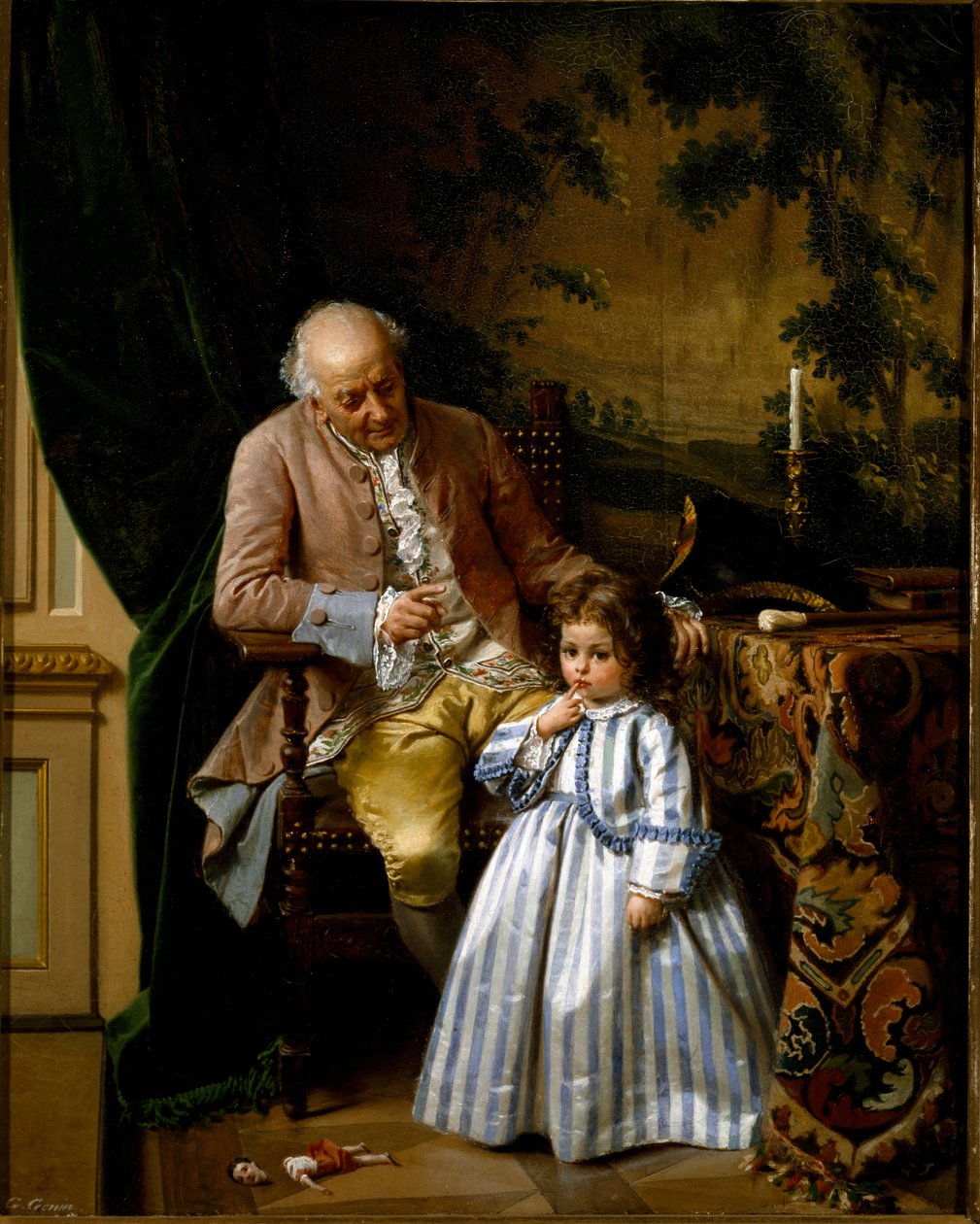To napomenutí. Malá holčička dostane vynadáno, protože si rozbila panenku. Hračka spadla na podlahu. Obraz Guido Gonin (1833-1906) od Guido Gonin