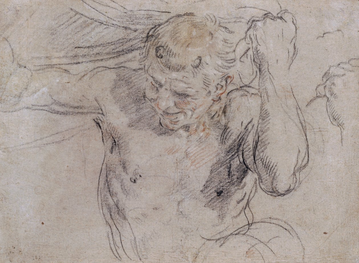 Satyr zvedající závěs a vedlejší studie jeho levé ruky od Guido Reni