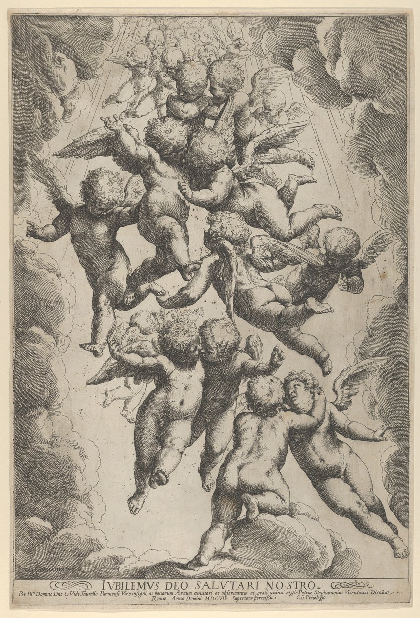 Skupina andělů objímajících se v letu, orámovaná mraky, ca. 1607, ca. 1607. od Guido Reni