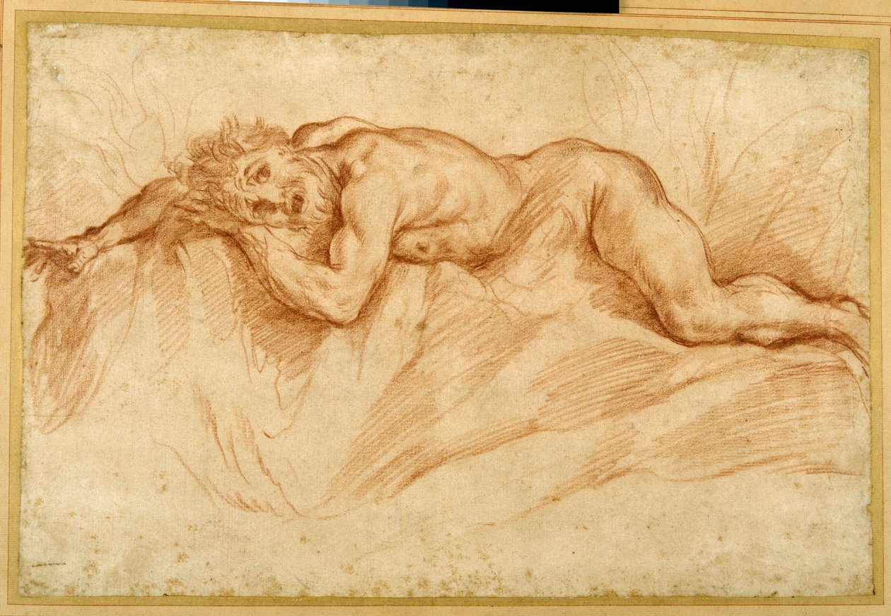 Vyděšený nahý muž, ležící na kamenité půdě (červená křída na papíře) od Guido Reni